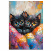 Two Black Kittens with Big Eyes Cuddled in Colorful Blanket Expressive Brushstroke Art Print for Cat Lovers Nursery Bedroom or Whimsical Animal Wall Decor on Ready to Hang 1.5" Thick Canvas Wrap, Floating Framed Canvas, Flat Rolled Canvas