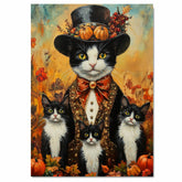 Autumn Whispers: Tuxedo Cat Mom and Three Kittens with Pumpkin on Ready to Hang 1.5" Thick Canvas Wrap, Floating Framed Canvas, Flat Rolled Canvas