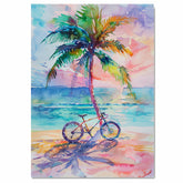 Watercolor Painting of Palm Tree and Bicycle on Beach with Ocean Sunset Background on Ready to Hang 1.5" Thick Canvas Wrap, Floating Framed Canvas, Flat Rolled Canvas