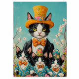 Blooming Elegance: Tuxedo Cat Mom and Three Kittens in Suits Amid Spring Flowers - Charming Seasonal Painting on Ready to Hang 1.5" Thick Canvas Wrap, Floating Framed Canvas, Flat Rolled Canvas