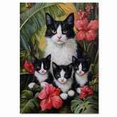 Enchanted Tropics: Tuxedo Cat Mom and Three Kittens Amidst Lush Greenery on Ready to Hang 1.5" Thick Canvas Wrap, Floating Framed Canvas, Flat Rolled Canvas