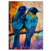 Vibrant Bird Pair Artwork Featuring Deep Blue and Teal Feathers with Hints of Gold on a Branch Against a Bold Abstract Background in Fiery Warm and Cool Tones on Ready to Hang 1.5" Thick Canvas Wrap, Floating Framed Canvas, Flat Rolled Canvas