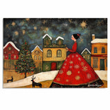Elegant Christmas Folk Art with Lady in Red Gown, Snowy Village, Reindeer, Starry Sky, and Decorated Tree at Night on Ready to Hang 1.5" Thick Canvas Wrap, Floating Framed Canvas, Flat Rolled Canvas