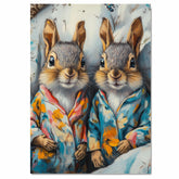 Two Cute Gray Squirrels in Colorful Pajamas on Cozy Bed Expressive Brushstroke Art Print for Nursery Bedroom or Whimsical Animal Lovers Wall Decor on Ready to Hang 1.5" Thick Canvas Wrap, Floating Framed Canvas, Flat Rolled Canvas
