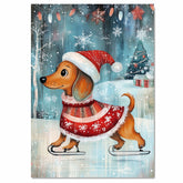 Adorable Christmas Dachshund Dog Ice Skating in Santa Hat and Festive Sweater Whimsical Holiday Art for Winter Pet Lovers and Seasonal Home Décor on Ready to Hang 1.5" Thick Canvas Wrap, Floating Framed Canvas, Flat Rolled Canvas