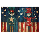 Rustic Folk Art of Patriotic Figures with Stars and Stripes on Weathered Wood Background, Whimsical Americana for Celebrating 4th of July in Vintage Style on Ready to Hang 1.5" Thick Canvas Wrap, Floating Framed Canvas, Flat Rolled Canvas