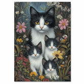 Blossoming Spring Whimsy: Tuxedo Cat Mom and Kittens in a Floral Wonderland on Ready to Hang 1.5" Thick Canvas Wrap, Floating Framed Canvas, Flat Rolled Canvas