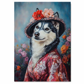 Graceful Beauty: Siberian Husky in a Delicate Flowery Kimono and Hat on Ready to Hang 1.5" Thick Canvas Wrap, Floating Framed Canvas, Flat Rolled Canvas