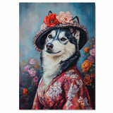 Graceful Beauty: Siberian Husky in a Delicate Flowery Kimono and Hat on Ready to Hang 1.5" Thick Canvas Wrap, Floating Framed Canvas, Flat Rolled Canvas