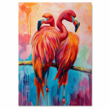 Elegant Flamingo Pair Artwork Featuring Shades of Pink Red and Orange Feathers Standing on One Leg Against a Colorful Abstract Background of Soft Pastels on Ready to Hang 1.5" Thick Canvas Wrap, Floating Framed Canvas, Flat Rolled Canvas