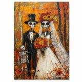 Skeleton Wedding Family in Autumn Forest – Día de los Muertos Folk Art with Bright Floral Accents on Ready to Hang 1.5" Thick Canvas Wrap, Floating Framed Canvas, Flat Rolled Canvas