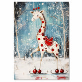 Whimsical Christmas Giraffe Ice Skating in Snowy Forest with Red Polka Dots and Festive Saddle – Unique Holiday Animal Art Perfect for Winter Decor or Gifts on Ready to Hang 1.5" Thick Canvas Wrap, Floating Framed Canvas, Flat Rolled Canvas
