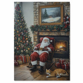 Santa Claus Sitting in a Rocking Chair Beside Fireplace and Christmas Tree with Gifts and Orange Cat in a Warm Holiday Living Room with Garland and Framed Snowy Art on Ready to Hang 1.5" Thick Canvas Wrap, Floating Framed Canvas, Flat Rolled Canvas