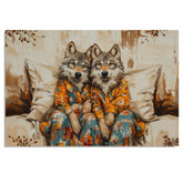 Majestic Painting of Two Wolves in Pajamas Sitting on a Cozy Bed with Warm Tones and Floral Accents in a Whimsical Woodland-Inspired Composition on Ready to Hang 1.5" Thick Canvas Wrap, Floating Framed Canvas, Flat Rolled Canvas