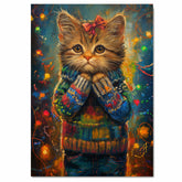 Christmas Kitten with Bow in Colorful Sweater Adorable Holiday Cat Painting Festive Winter Lights Scene for Cozy Home Office Seasonal Decoration or Gift on Ready to Hang 1.5" Thick Canvas Wrap, Floating Framed Canvas, Flat Rolled Canvas