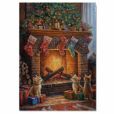 Christmas Kittens by Fireplace with Stockings and Gifts Festive Holiday Scene Cozy Winter Decoration Perfect for Home Living Room Bedroom or Seasonal Gift on Ready to Hang 1.5" Thick Canvas Wrap, Floating Framed Canvas, Flat Rolled Canvas