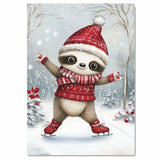 Whimsical Christmas Sloth Skating Art Print – Cute Red Sweater & Santa Hat Winter Holiday Decor, Nursery Wall Art, Cozy Woodland Animal Illustration on Ready to Hang 1.5" Thick Canvas Wrap, Floating Framed Canvas, Flat Rolled Canvas