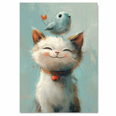 Sweet Painting of a Smiling Kitten with a Blue Bird on Its Head and Red Bell Collar Perfect for Whimsical Nursery Decor or a Gift for Cat and Animal Lovers on Ready to Hang 1.5" Thick Canvas Wrap, Floating Framed Canvas, Flat Rolled Canvas