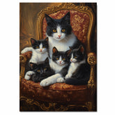 Elegant Victorian Gathering: Tuxedo Cat Mom with Four Kittens on a European Sofa on Ready to Hang 1.5" Thick Canvas Wrap, Floating Framed Canvas, Flat Rolled Canvas