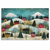Christmas Village in Snowy Hills with Colorful Homes, Pine Trees, and Falling Snowflakes in Whimsical Folk Art on Ready to Hang 1.5" Thick Canvas Wrap, Floating Framed Canvas, Flat Rolled Canvas