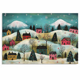 Christmas Village in Snowy Hills with Colorful Homes, Pine Trees, and Falling Snowflakes in Whimsical Folk Art on Ready to Hang 1.5" Thick Canvas Wrap, Floating Framed Canvas, Flat Rolled Canvas