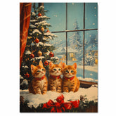 Vintage Christmas Kittens Print Three Cute Cats by Window with Festive Tree Cozy Snowy Village Scene Retro Holiday Home Decoration for Seasonal Charm on Ready to Hang 1.5" Thick Canvas Wrap, Floating Framed Canvas, Flat Rolled Canvas