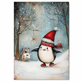 Whimsical Christmas Penguin Ice Skating by Winter Cottage – Red Hat and Scarf Holiday Animal Art Print for Nursery, Seasonal Decor, or Gift Giving on Ready to Hang 1.5" Thick Canvas Wrap, Floating Framed Canvas, Flat Rolled Canvas