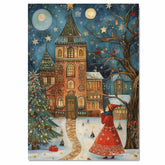 Starry Christmas Night – Folk Art Girl and Village in Snow on Ready to Hang 1.5" Thick Canvas Wrap, Floating Framed Canvas, Flat Rolled Canvas