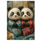 Adorable Painting of Two Happy Panda Bears in Floral Pajamas Sitting Together with Big Eyes and Gentle Smiles in a Soft Whimsical Style on Ready to Hang 1.5" Thick Canvas Wrap, Floating Framed Canvas, Flat Rolled Canvas