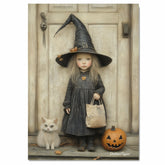 A Little Girl Dressed in a Witch Costume with Cat and Pumpkin on Ready to Hang 1.5" Thick Canvas Wrap, Floating Framed Canvas, Flat Rolled Canvas
