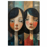 Moody Portrait of Two Girls Expressive Hand Painted Art Rustic Wood Texture Emotional and Thoughtful Wall Decor Perfect for Home Living Room or Office on Ready to Hang 1.5" Thick Canvas Wrap, Floating Framed Canvas, Flat Rolled Canvas