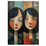 Moody Portrait of Two Girls Expressive Hand Painted Art Rustic Wood Texture Emotional and Thoughtful Wall Decor Perfect for Home Living Room or Office on Ready to Hang 1.5" Thick Canvas Wrap, Floating Framed Canvas, Flat Rolled Canvas