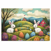 Playful Easter Bunnies with Colorful Eggs in Spring Hills – Whimsical Folk Art Wall Print on Ready to Hang 1.5" Thick Canvas Wrap, Floating Framed Canvas, Flat Rolled Canvas