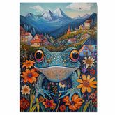 Colorful Whimsical Frog in Flower Field Vibrant Hand Painted Art Joyful Mountain Village Scene Perfect for Home Wall Decor Living Room Bedroom or Gift on Ready to Hang 1.5" Thick Canvas Wrap, Floating Framed Canvas, Flat Rolled Canvas