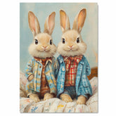 Two Cute Bunnies in Vintage-Style Pajamas Sitting on Bed with Soft Expressions Charming Art Print for Nursery Bedroom or Whimsical Animal Wall Decor on Ready to Hang 1.5" Thick Canvas Wrap, Floating Framed Canvas, Flat Rolled Canvas