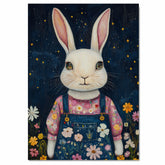 Whimsical White Bunny in Floral Overalls Hand Painted Art Dreamy Starry Night Scene Perfect for Nursery Kids Room Home Wall Decor Bedroom or Gift on Ready to Hang 1.5" Thick Canvas Wrap, Floating Framed Canvas, Flat Rolled Canvas