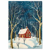 Snowy Forest Scene with Red House, Tall Golden Trees, and Falling Snow Under a Peaceful Starry Winter Night Sky on Ready to Hang 1.5" Thick Canvas Wrap, Floating Framed Canvas, Flat Rolled Canvas