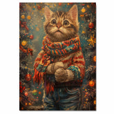 Christmas Kitten in Colorful Scarf and Mittens Adorable Holiday Cat Painting Festive Winter Scene for Cozy Home Office Seasonal Decoration or Gift on Ready to Hang 1.5" Thick Canvas Wrap, Floating Framed Canvas, Flat Rolled Canvas