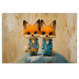 Adorable Painting of Two Baby Foxes in Blue Pajamas with Sweet Expressions Sitting Together on a Soft Surface with a Light Textured Background on Ready to Hang 1.5" Thick Canvas Wrap, Floating Framed Canvas, Flat Rolled Canvas