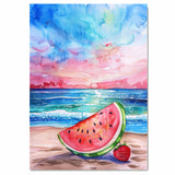 Watercolor Painting of a Watermelon Slice and Strawberry on a Beach at Sunset on Ready to Hang 1.5" Thick Canvas Wrap, Floating Framed Canvas, Flat Rolled Canvas