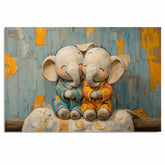 Adorable Painting of Two Baby Elephants Snuggling in Pajamas with Happy Expressions and a Colorful Textured Background in Warm Blue and Orange Tones on Ready to Hang 1.5" Thick Canvas Wrap, Floating Framed Canvas, Flat Rolled Canvas
