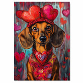 Sweetheart Style: Dachshund in a Red Heart-Adorned Dress and Hat Delightful Romantic Painting on Ready to Hang 1.5" Thick Canvas Wrap, Floating Framed Canvas, Flat Rolled Canvas