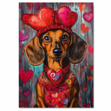 Sweetheart Style: Dachshund in a Red Heart-Adorned Dress and Hat Delightful Romantic Painting on Ready to Hang 1.5" Thick Canvas Wrap, Floating Framed Canvas, Flat Rolled Canvas