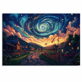 Patriotic Village with Glowing Homes, American Flags, and Swirling Sky at Sunset, Whimsical 4th of July Scene with Stars, Mountains, and Radiant Colors on Ready to Hang 1.5" Thick Canvas Wrap, Floating Framed Canvas, Flat Rolled Canvas
