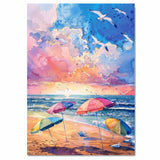 Watercolor Painting of Colorful Beach Umbrellas and Seagulls at Sunset on Ready to Hang 1.5" Thick Canvas Wrap, Floating Framed Canvas, Flat Rolled Canvas