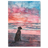 Watercolor Painting of a Black Dog Sitting on the Beach Watching a Vibrant Pink and Blue Ocean Sunset on Ready to Hang 1.5" Thick Canvas Wrap, Floating Framed Canvas, Flat Rolled Canvas