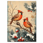 Charming Retro Style Painting of Two Cardinals on Snowy Branches with Pine and Red Berries Perfect for Christmas Decoration or Winter Nature Themed Gift on Ready to Hang 1.5" Thick Canvas Wrap, Floating Framed Canvas, Flat Rolled Canvas