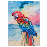 Vibrant Red Macaw Watercolor Painting with Colorful Feathers and Ocean Background on Ready to Hang 1.5" Thick Canvas Wrap, Floating Framed Canvas, Flat Rolled Canvas