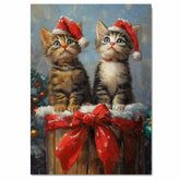 Vintage Christmas Kittens Print Two Tabby Cats in Santa Hats Sitting on Gift Box with Festive Bow Retro Holiday Art for Winter Home and Seasonal Decor on Ready to Hang 1.5" Thick Canvas Wrap, Floating Framed Canvas, Flat Rolled Canvas