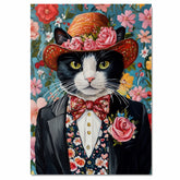Floral Sophistication: Tuxedo Cat in a Flowery Hat and Elegant Suit Graceful Botanical Painting on Ready to Hang 1.5" Thick Canvas Wrap, Floating Framed Canvas, Flat Rolled Canvas